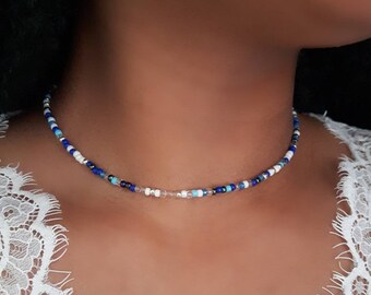 Blue Beaded Choker, Blue Seed Choker, Rainbow Bead Choker, Seed Bead Choker, White Beaded Choker, Boho Bead Choker, Stretch Choker