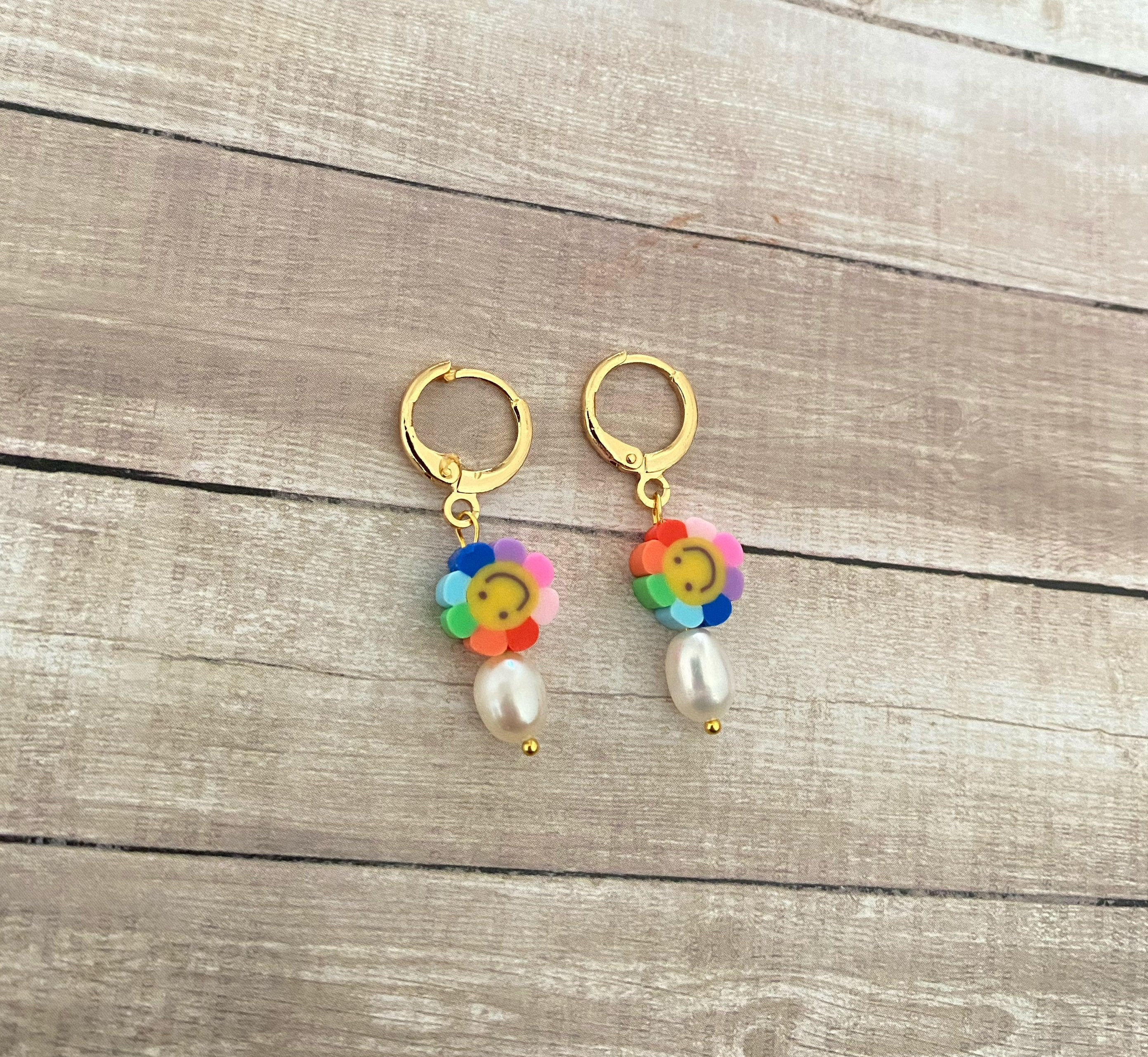 Smiley Face Hoops, Smiley Face Earrings, Gold Charm Hoops, Charm Earrings, Rainbow Earrings, Rainbow Jewelry, Happy Face Hoops