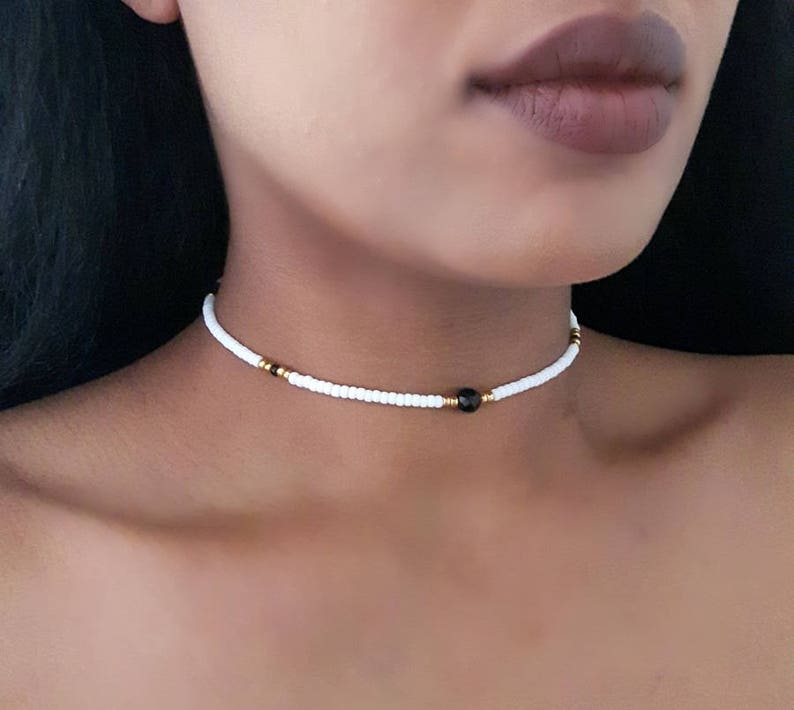 White Beaded Choker Gold Beaded Choker Stone Choker Dainty Etsy