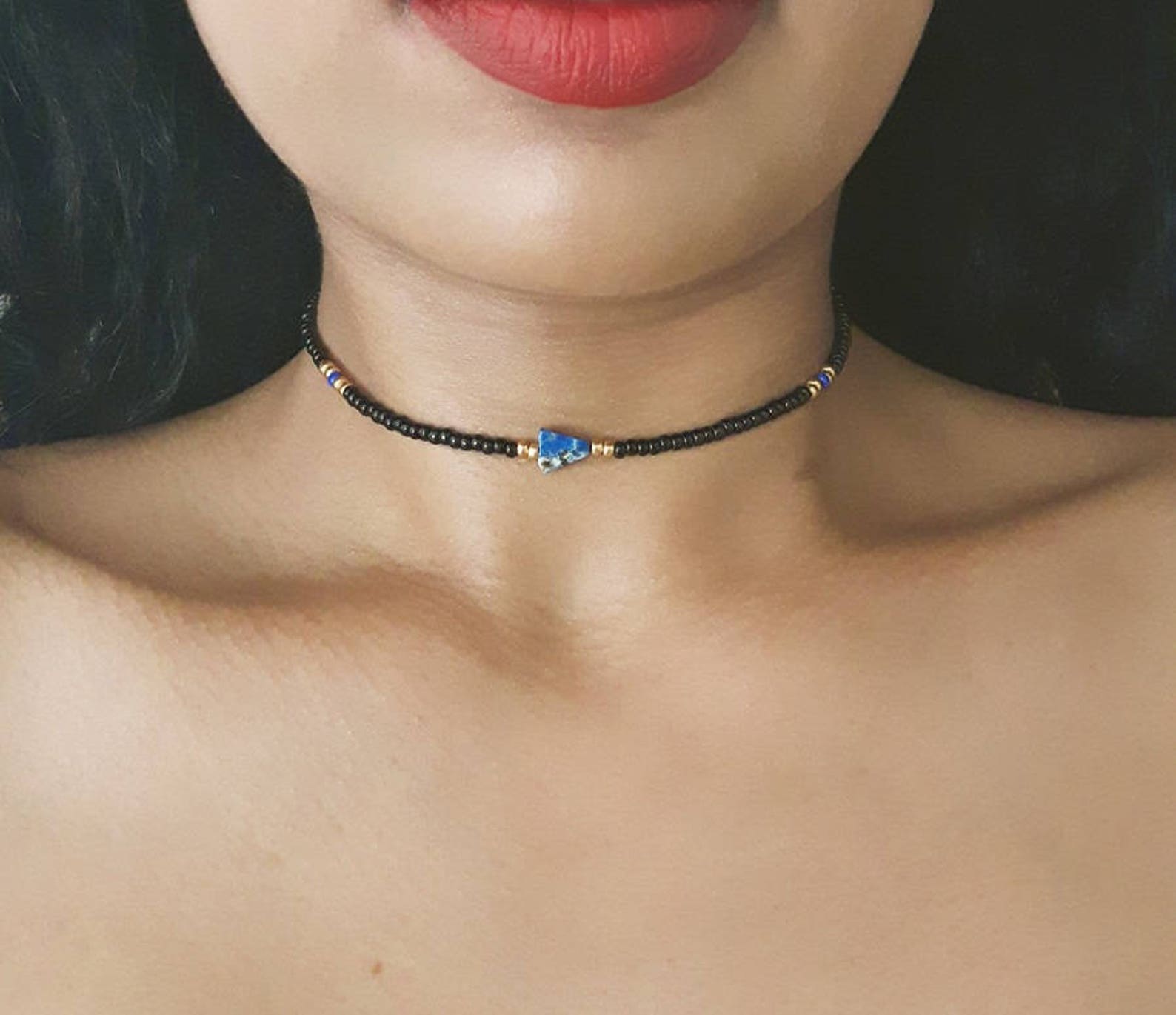 Black Beaded Choker Seed Bead Choker Blue Bead Choker Etsy