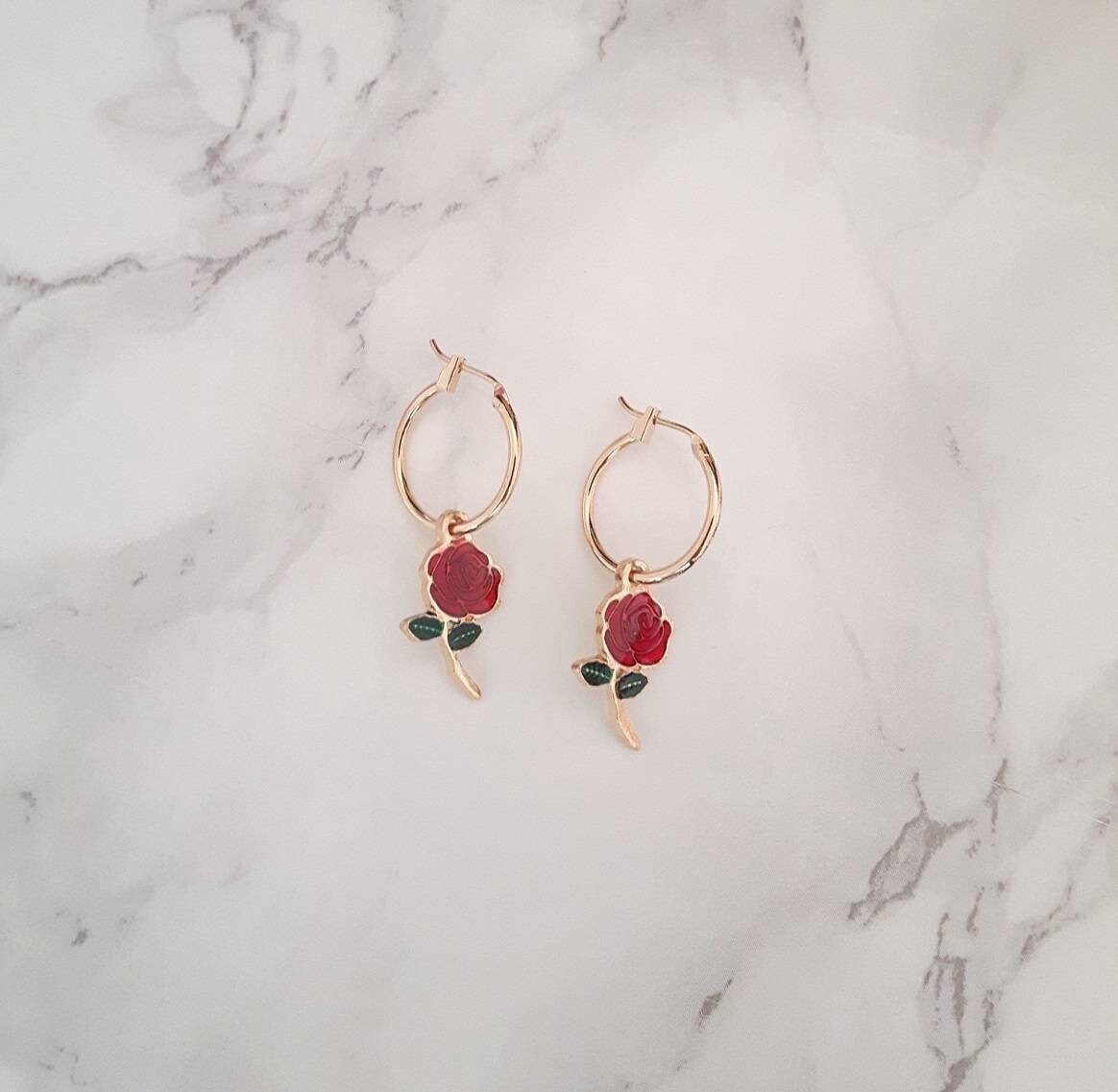 Gold Charm Hoops, Gold Hoop Earrings, Rose Hoop Earrings, Rose Enamel Hoops, Dainty Gold Hoops, Dainty Gold Earrings, Gold Charm Earrings