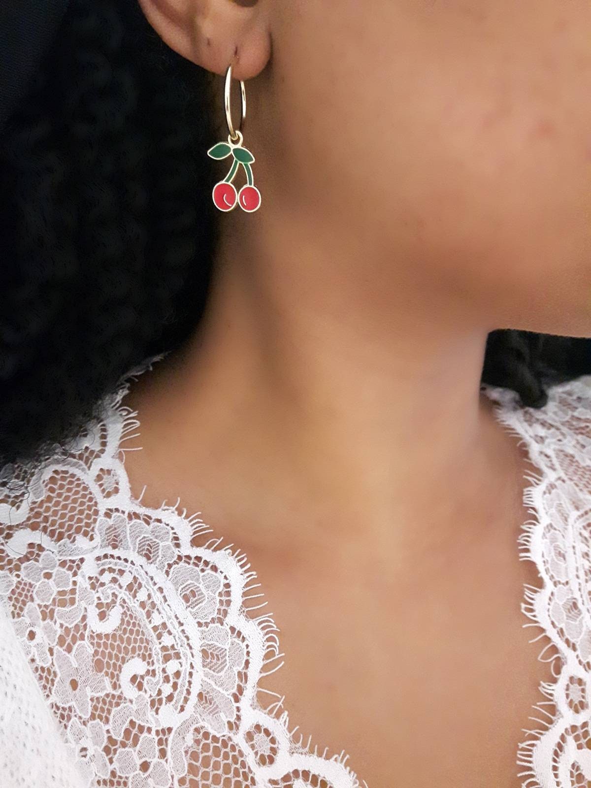 Cherry Hoops, Gold Charm Hoops, Gold Cherry Hoop Earrings, Red Cherry Earrings, Cherry Studs, Charm Hoop Earrings, Cherry Jewelry