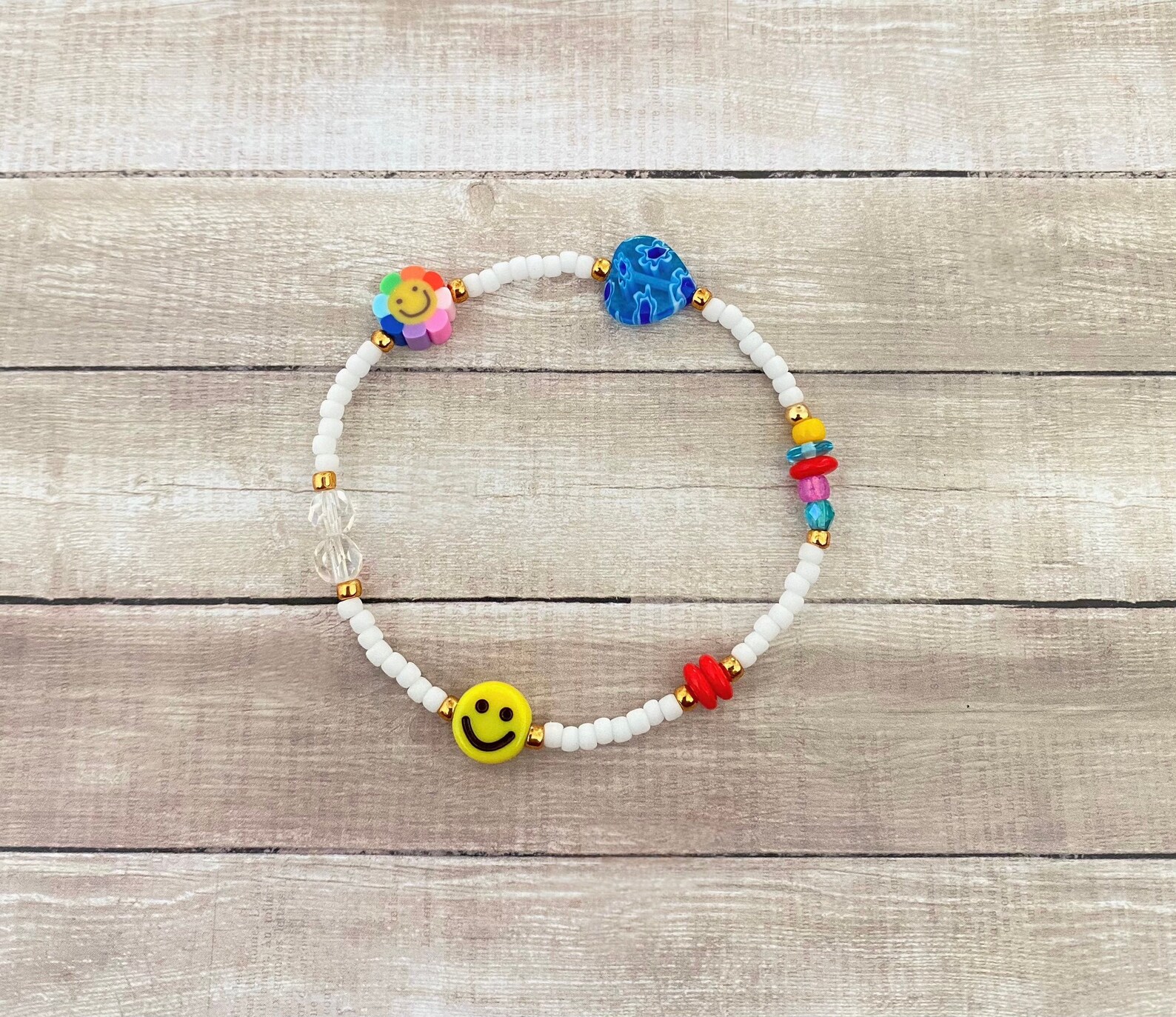 White Bead Bracelet Smiley Face Bracelet Happy Face Etsy