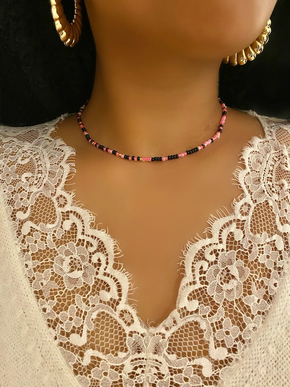 Pink Beaded Choker, Seed Bead Choker, Stretchy Choker, Black and