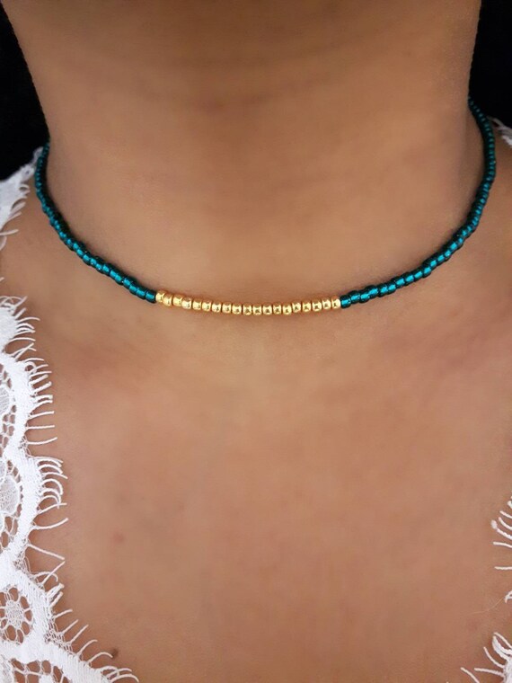 Teal Seed Choker, Teal Beaded Choker, Gold Beaded Choker, Seed