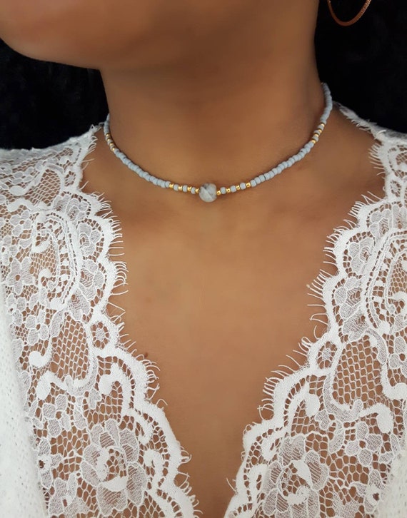 Grey Seed Choker, Gold Beaded Choker, Grey Stone Choker, Black