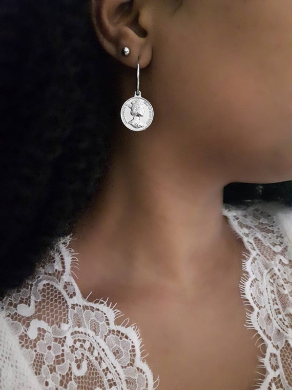 Silver Coin Earrings, Silver Coin Hoops, Silver Charm Hoops, Coin Charm Earrings, Silver Disc Hoops, Silver Medallion Hoops
