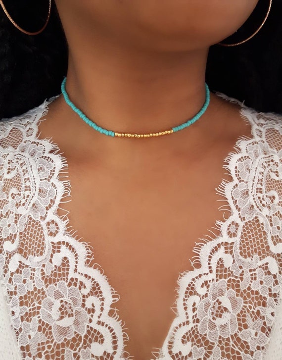Türkis Perlen Choker, Gold Perlen Choker, Türkis Perlen Halsband