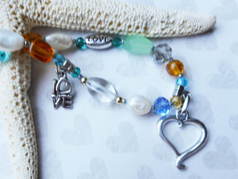 LOVE Theme CHARM ANKLET HandcraftedBeaded Pearls Multicolor GlassHandmade Three Love Charms AnkletSilver Lobster Clasp =