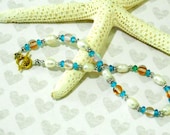 RAINBOW PEARL ANKLET Handcrafted Beaded /  Handmade Turquoise Jade Pearl Anklet Tibetan Gold Clasp *