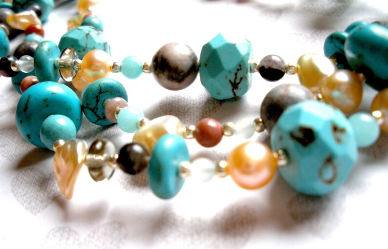 MULTISTRAND PEARL NECKLACE with Stunning 14 K Gold Filled Circular ClaspHandcrafted Long Three Strand Bohemian Handmade =
