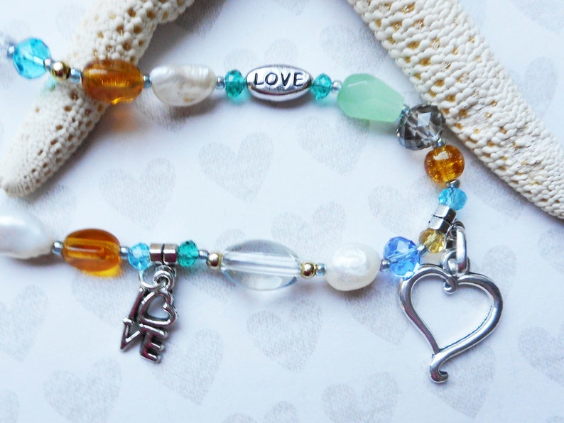 LOVE Theme CHARM ANKLET HandcraftedBeaded Pearls Multicolor GlassHandmade Three Love Charms AnkletSilver Lobster Clasp =