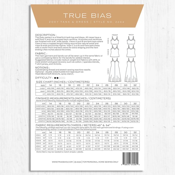 True Bias Zoey Tank/dress 14-32 Paper Sewing Pattern 