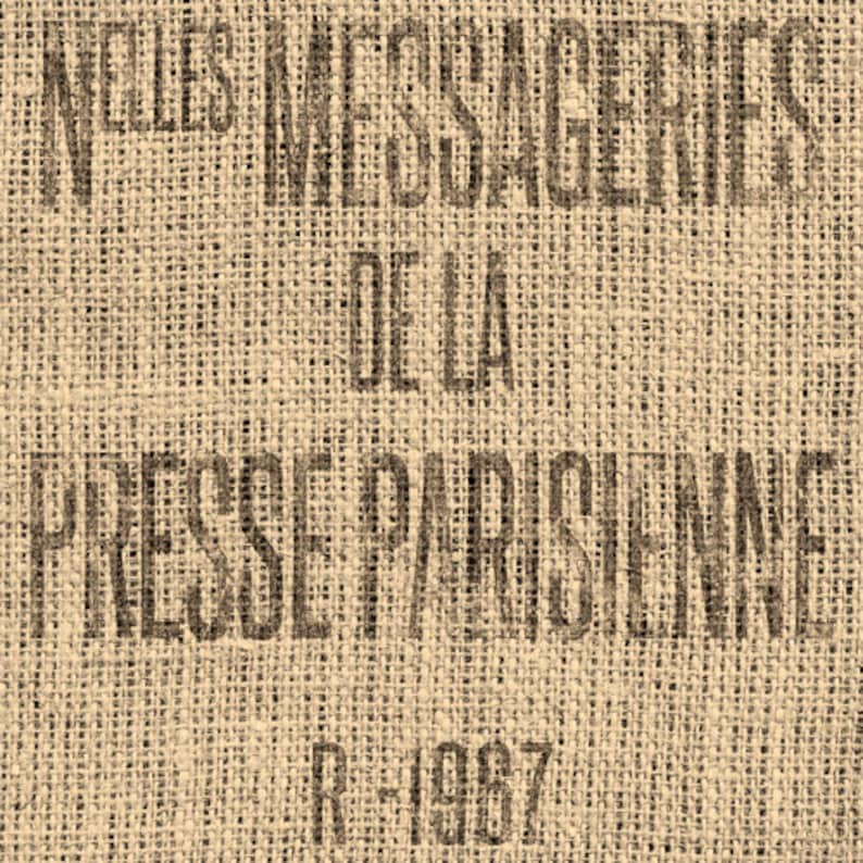 May include: A close-up of a brown hessian sack with the text "Messageries de la Presse Parisienne" and "R-1907" printed on it.
