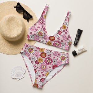 Bikini rosa Flower Power Recycled a vita alta