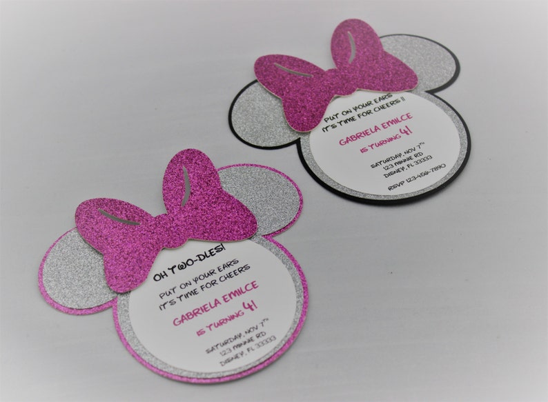 Minnie Mouse Glitter Invitations Handmade Minnie Invitations Etsy