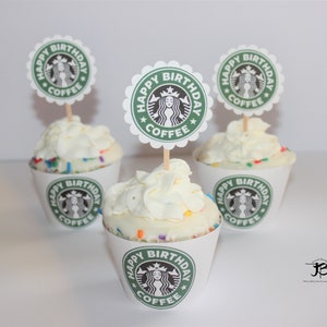 Starbucks Cupcakes Toppers, Coffee Birthday Party, Starbucks Cupcake Toppers, Starbucks Toppers, Starbucks Personalized Birthday Party