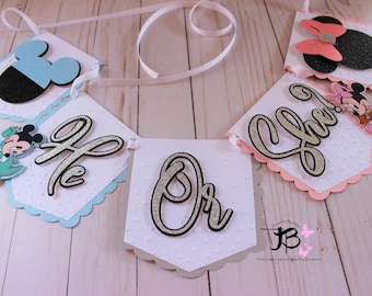 Minnie and Mickey Mouse Gender Reveal Banner: He or She Party Decor