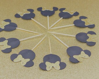 Gold Glitter Minnie Mouse Cupcake Toppers, Party Picks (Set of 12)