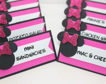 12 Minnie Mouse Food Labels, Minnie Mouse Birthday, Minnie Mouse Place Cards, Pink Glitter Bow, Minnie Mouse Party, Candy  Labels.