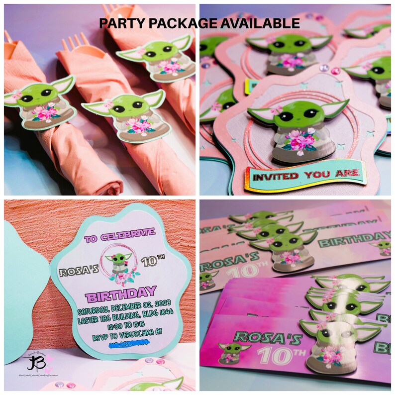 Puede incluir: Un paquete de fiesta con un tema de personaje extraterrestre verde. El paquete incluye invitaciones, servilletas y etiquetas de regalo. Las invitaciones son de color azul claro con un personaje extraterrestre verde y el texto "Para celebrar el 10&ordm; cumplea&ntilde;os de Rosa". Las servilletas son de color rosa con un personaje extraterrestre verde y el texto "Te invitamos". Las etiquetas de regalo son de color rosa con un personaje extraterrestre verde y el texto "El 10&ordm; cumplea&ntilde;os de Rosa".