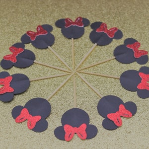 Red Minnie Mouse Cupcake Toppers, Red Glittered Minnie Mouse Toppers, Minnie Cupcake Toppers, Minnie Food Picks, Minnie Mouse Party Decor