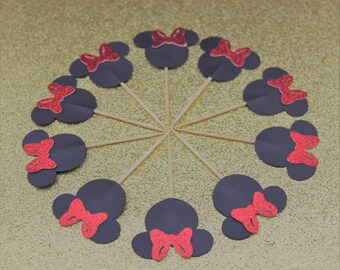 Red Glitter Minnie Mouse Cupcake Toppers - Party Decor (Set of 12)