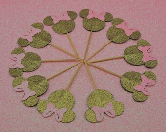 Minnie Mouse Cupcake Toppers: Gold Glitter, Pink Bow - Set of 12