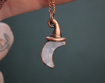 Crescent Moon Witch Hat Necklace | Moonstone crystal witches halloween electroformed copper jewelry pendant magic rainbow women gift tarot