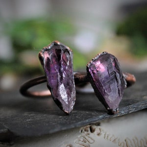 Raw Amethyst Ring Electroformed rough amethyst purple crystal stone gemstone natural handmade copper womens large chunky point statement image 2