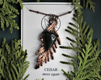 Herbal Apothecary Necklace - Cedar | Green moss agate crystal electroformed witch herb metal coated real tree branch leaf pendant medicinal