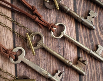 Skeleton Key Necklace | Real antique asylum prison brass rusty iron key jewelry chain leather cord gift oddity vintage long short adjustable