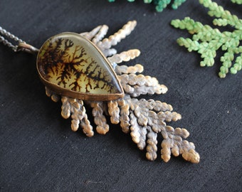 Cedar Twig Necklace | Silver 24k gold palladium dendritic scenic agate electroformed real cedar branch leaf pendant nature