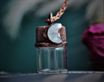 Moonstone Moon Cremation Vial Necklace | Ashes glass jar screw on clear empty electroformed copper mourning small jewelry urn pet memorial