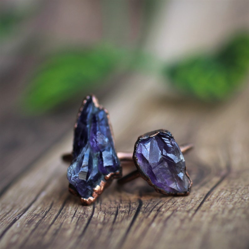 Raw Amethyst Ring Electroformed rough amethyst purple crystal stone gemstone natural handmade copper womens large chunky point statement image 1