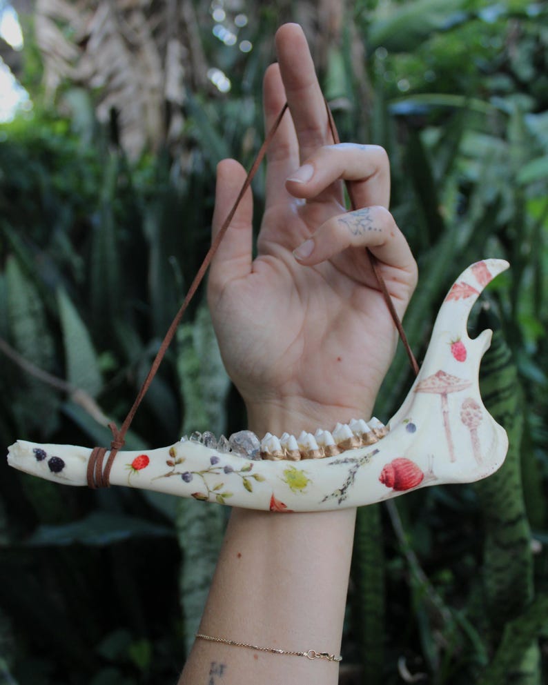 May include: A cream-colored jawbone pendant with painted botanical and mushroom designs, including strawberries and snails. The pendant is suspended by a brown leather cord. The jawbone features visible teeth and is decorated with small crystals.