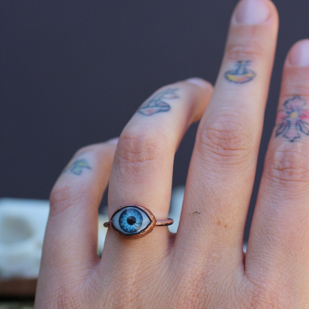 Eyeball Ring Blue Large Electroformed Mens Eye Ring Taxidermy Doll Prosthetic Human Eye Copper