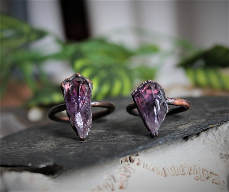 Raw Amethyst Ring Electroformed rough amethyst purple crystal stone gemstone natural handmade copper womens large chunky point statement image 3