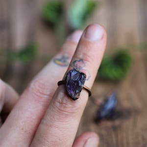 Raw Amethyst Ring Electroformed rough amethyst purple crystal stone gemstone natural handmade copper womens large chunky point statement image 6