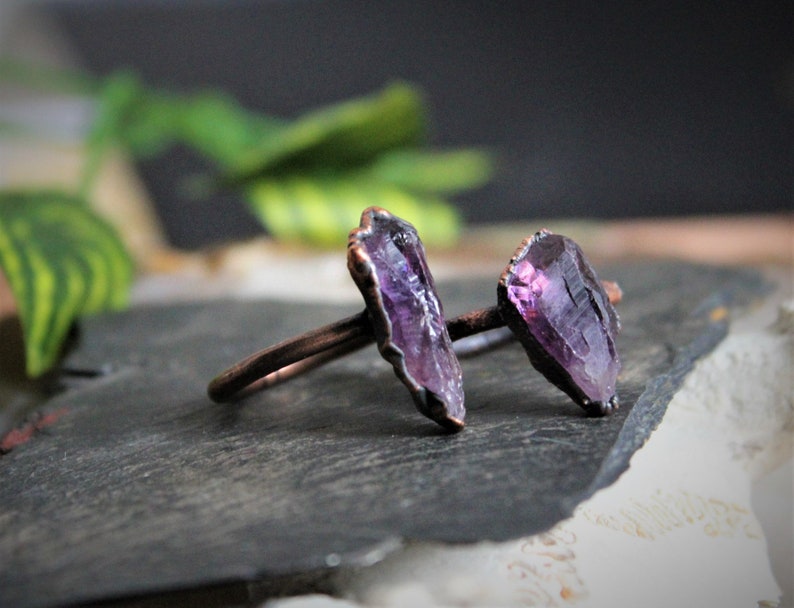 Raw Amethyst Ring Electroformed rough amethyst purple crystal stone gemstone natural handmade copper womens large chunky point statement image 4