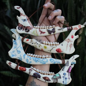 May include: Four decorative jawbone ornaments, each adorned with unique botanical and insect illustrations. The designs include butterflies, mushrooms, and floral patterns in various colors. The jawbones are suspended by brown cords.