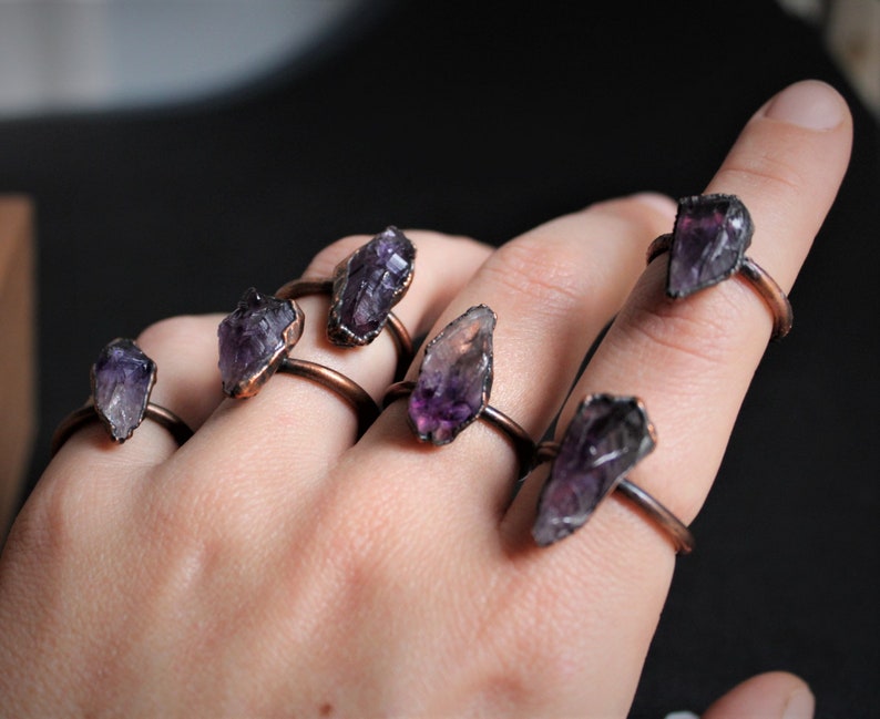 Raw Amethyst Ring Electroformed rough amethyst purple crystal stone gemstone natural handmade copper womens large chunky point statement image 9