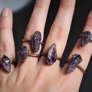 Raw Amethyst Ring Electroformed rough amethyst purple crystal stone gemstone natural handmade copper womens large chunky point statement image 8