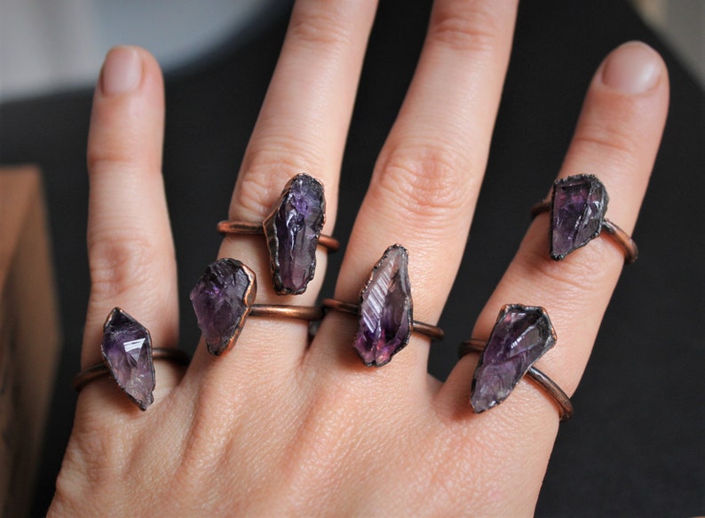 Raw Amethyst Ring Electroformed rough amethyst purple crystal stone gemstone natural handmade copper womens large chunky point statement image 8