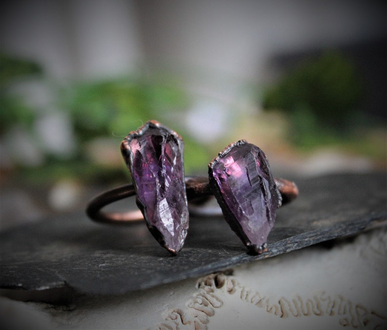 Raw Amethyst Ring Electroformed rough amethyst purple crystal stone gemstone natural handmade copper womens large chunky point statement image 2