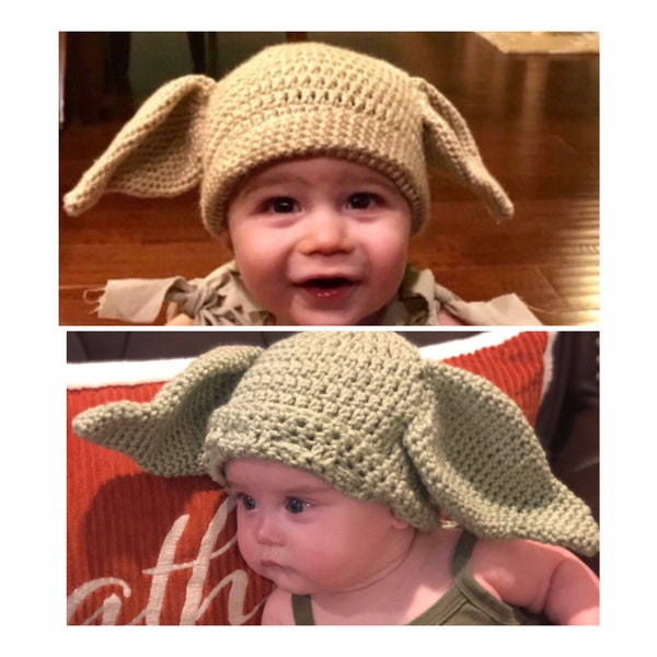 Dobby (House Elf) and Yoda crochet hats for all ages. Halloween. Harry Potter. Star Wars.