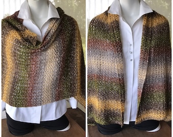 Hand Crocheted Shawl / Wrap / Scarf with Brown and Green Hues of Color