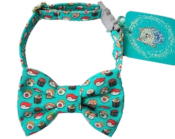 Sushi Cat Bow Tie Collar, zabawna obroża dla kota z plastikową klamrą