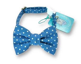Blue Cat Bow Tie Collar, Polka Dots Cat Collar with Plastic Breakaway Buckle