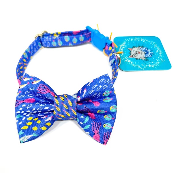 Fish Cat Bow Tie Collar, Sea Squids in Periwinkle Cat Collar Bow Tie with Breakaway Safety Buckle